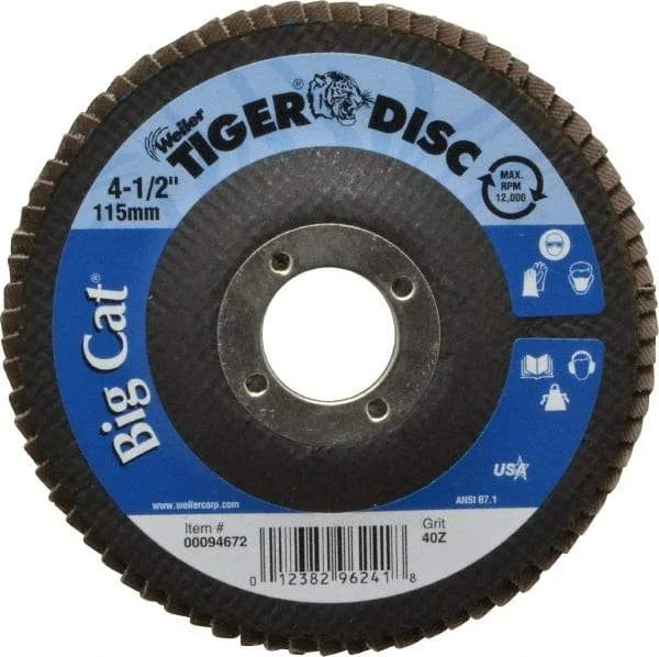 Weiler - 40 Grit, 4-1/2" Disc Diam, 7/8" Center Hole, Type 27 Zirconia Alumina Flap Disc - 12,000 Max RPM, Phenolic Backing, Arbor Attaching System, Coated