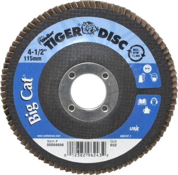 Weiler - 80 Grit, 4-1/2" Disc Diam, 7/8" Center Hole, Type 27 Zirconia Alumina Flap Disc - 12,000 Max RPM, Phenolic Backing, Arbor Attaching System, Coated