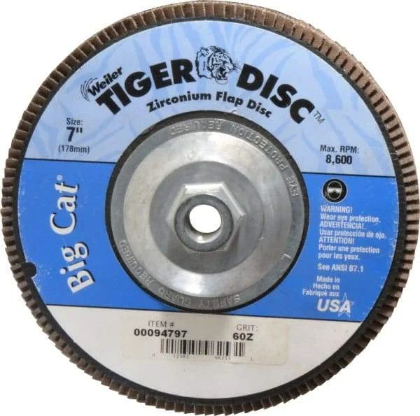 Weiler - 60 Grit, 7" Disc Diam, 5/8-11 Center Hole, Type 27 Zirconia Alumina Flap Disc - 8,600 Max RPM, Phenolic Backing, Arbor Attaching System, Coated