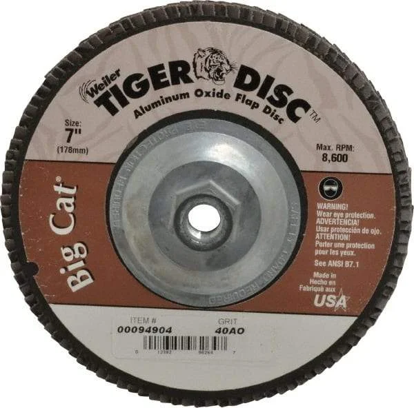 Weiler - 40 Grit, 7" Disc Diam, 5/8-11 Center Hole, Type 27 Aluminum Oxide Flap Disc - 8,600 Max RPM, Phenolic Backing, Arbor Attaching System, Coated