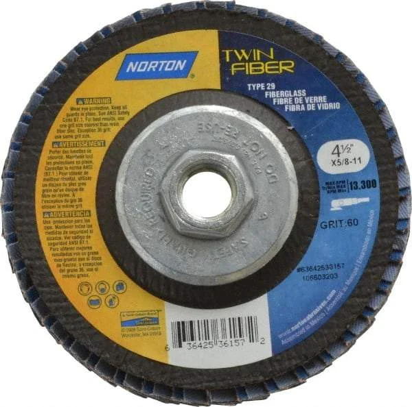 Norton - 60 Grit, 4-1/2" Disc Diam, 5/8-11 Center Hole, Type 29 Ceramic Flap Disc - 13,000 Max RPM, Fiberglass Backing, Arbor Attaching System, Coated