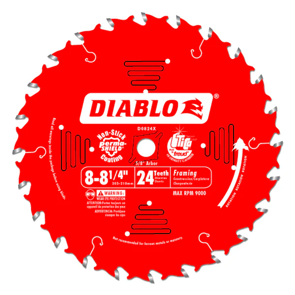 Diablo D0824X Framing Saw Blade, 8" - 8-1/4" x 24 Tooth, 5/8" Arbor