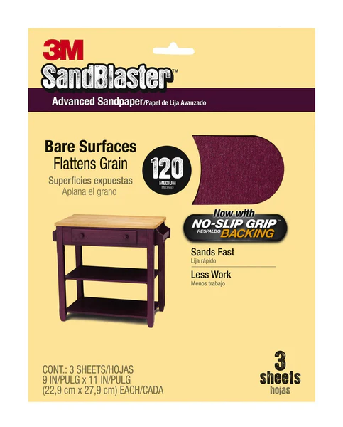 3M 20120-G SandBlaster Sandpaper w/No Slip Grip backing, 9"x11", 120 G