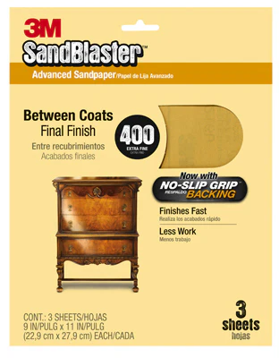3M 20400-G SandBlaster Sandpaper w/No Slip Grip Backing, 9"x11", 400 G