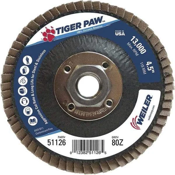 Weiler - 80 Grit, 4-1/2" Disc Diam, 5/8-11 Center Hole, Type 29 Zirconia Alumina Flap Disc - 13,000 Max RPM, Phenolic Backing, Arbor Attaching System, Coated