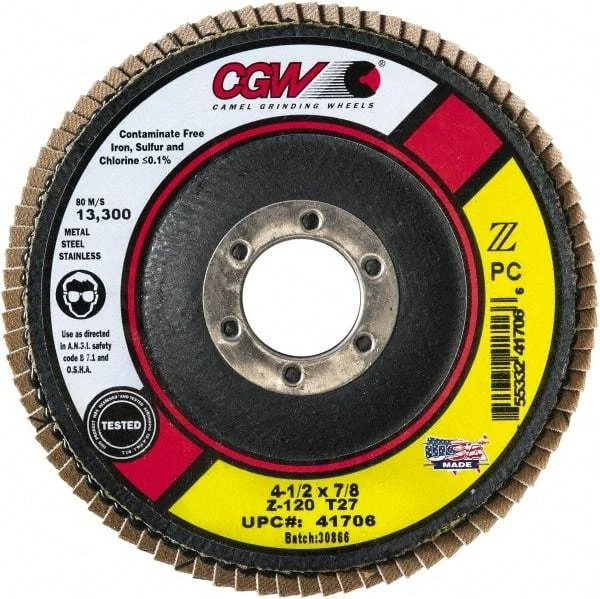 Camel Grinding Wheels - 40 Grit, 7" Disc Diam, 5/8-11 Center Hole, Type 27 Zirconia Alumina Flap Disc - 8,600 Max RPM, Poly Cotton Backing, Arbor Attaching System, Coated