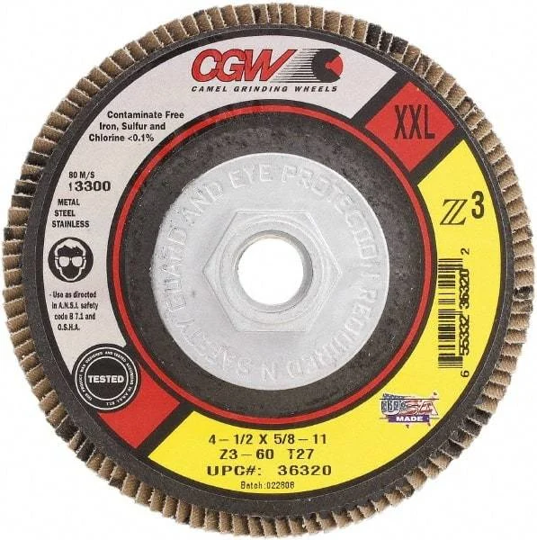 Camel Grinding Wheels - 60 Grit, 5" Disc Diam, 7/8" Center Hole, Type 29 Zirconia Alumina Flap Disc - 12,200 Max RPM, Poly Cotton Backing, Arbor Attaching System, Coated