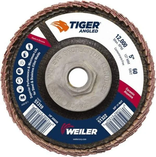 Weiler - 60 Grit, 5" Disc Diam, 5/8-11 Center Hole, Type 27 Ceramic Alumina Flap Disc - 12,000 Max RPM, Phenolic Backing, Arbor Attaching System, Coated