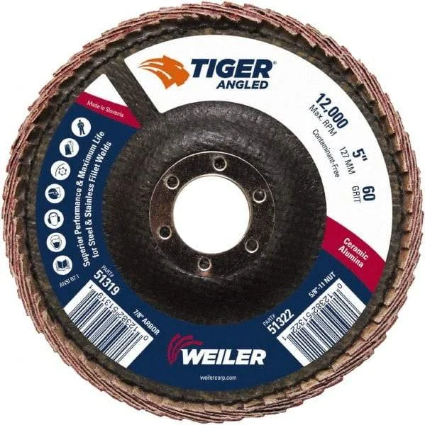 Weiler - 60 Grit, 5" Disc Diam, 7/8" Center Hole, Type 27 Ceramic Alumina Flap Disc - 12,000 Max RPM, Phenolic Backing, Quick Change Type S Attaching System, Coated