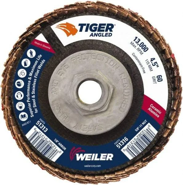 Weiler - 60 Grit, 4-1/2" Disc Diam, 5/8-11 Center Hole, Type 27 Ceramic Alumina Flap Disc - 13,000 Max RPM, Phenolic Backing, Arbor Attaching System, Coated