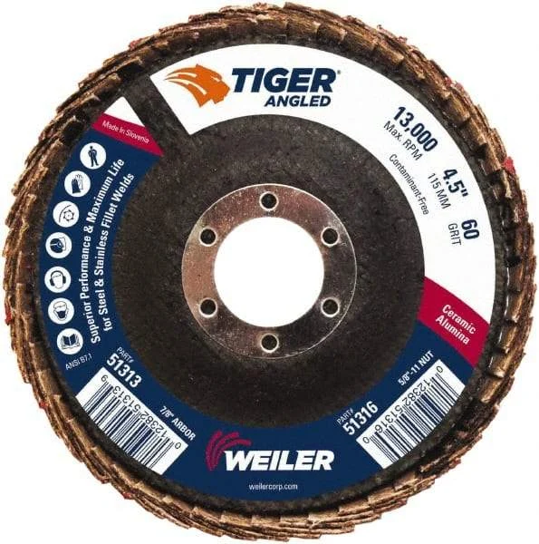 Weiler - 60 Grit, 4-1/2" Disc Diam, 7/8" Center Hole, Type 27 Ceramic Alumina Flap Disc - 13,000 Max RPM, Phenolic Backing, Quick Change Type S Attaching System, Coated