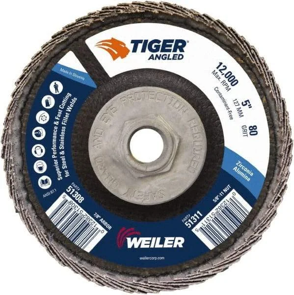 Weiler - 80 Grit, 5" Disc Diam, 5/8-11 Center Hole, Type 27 Zirconia Alumina Flap Disc - 12,000 Max RPM, Phenolic Backing, Arbor Attaching System, Coated