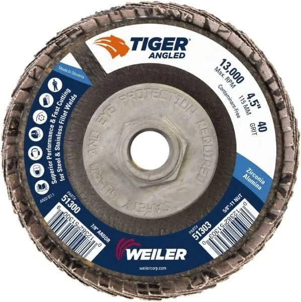 Weiler - 40 Grit, 4-1/2" Disc Diam, 5/8-11 Center Hole, Type 27 Zirconia Alumina Flap Disc - 13,000 Max RPM, Phenolic Backing, Arbor Attaching System, Coated