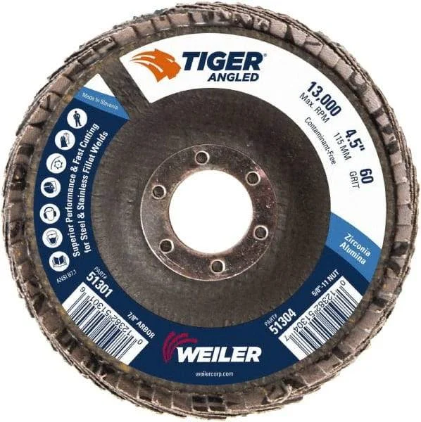 Weiler - 60 Grit, 4-1/2" Disc Diam, 7/8" Center Hole, Type 27 Zirconia Alumina Flap Disc - 13,000 Max RPM, Phenolic Backing, Arbor Attaching System, Coated