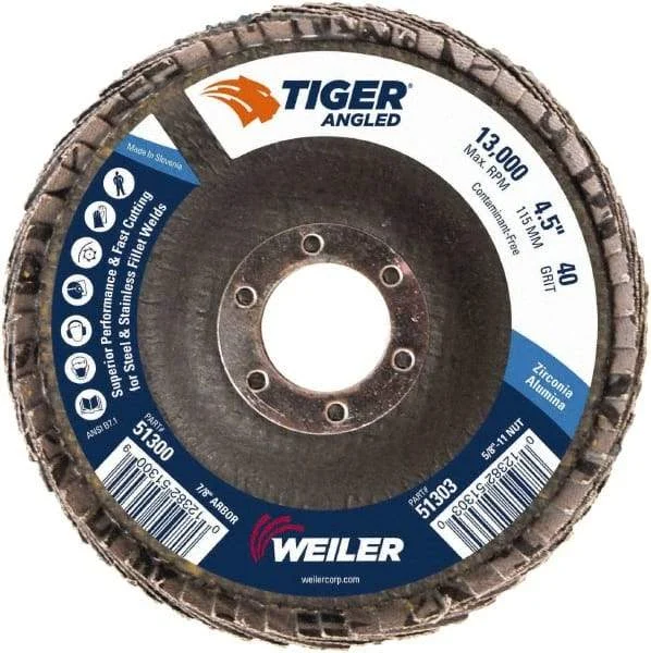 Weiler - 40 Grit, 4-1/2" Disc Diam, 7/8" Center Hole, Type 27 Zirconia Alumina Flap Disc - 13,000 Max RPM, Phenolic Backing, Arbor Attaching System, Coated