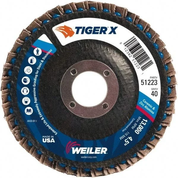 Weiler - 426 Grit, 4-1/2" Disc Diam, 7/8" Center Hole, Type 27 Zirconia Alumina Flap Disc - 13,000 Max RPM, Phenolic Backing, Arbor Attaching System, Coated