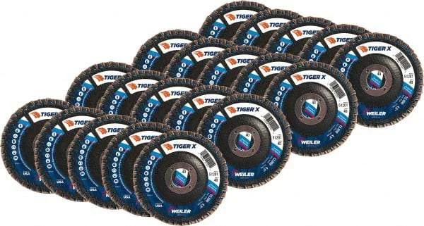 Weiler - 426 Grit, 4-1/2" Disc Diam, 5/8-11 Center Hole, Type 29 Zirconia Alumina Flap Disc - 13,000 Max RPM, Phenolic Backing, Arbor Attaching System, Coated