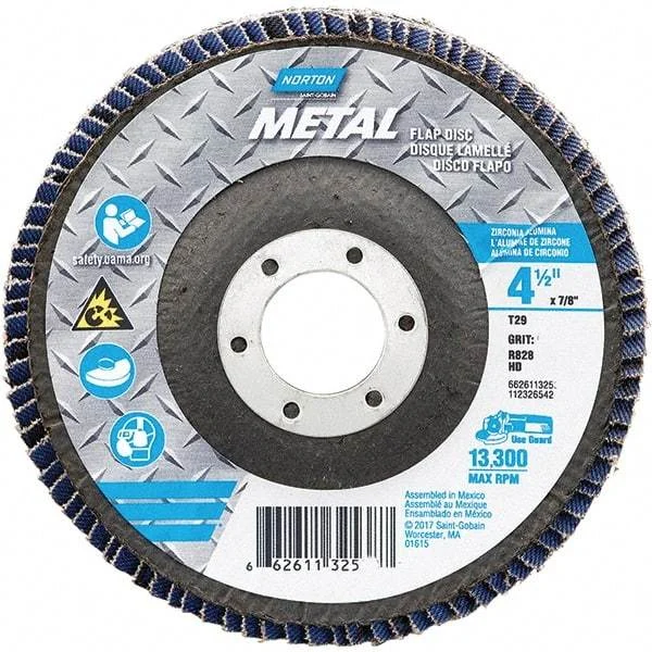 Norton - 60 Grit, 4-1/2" Disc Diam, 7/8" Center Hole, Type 29 Zirconia Alumina Flap Disc - 13,300 Max RPM, Fiberglass Backing, Arbor Attaching System, Coated
