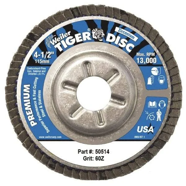 Weiler - 60 Grit, 4-1/2" Disc Diam, 5/8-11 Center Hole, Type 29 Zirconia Alumina Flap Disc - 13,000 Max RPM, Aluminum Backing, Coated