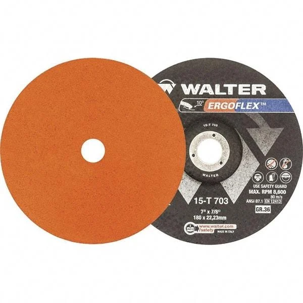 WALTER Surface Technologies - 36 Grit, 5" Disc Diam, 7/8" Center Hole, Type 29 Ceramic Flap Disc - 12,200 Max RPM, Fiber Backing, Arbor Attaching System, Coated
