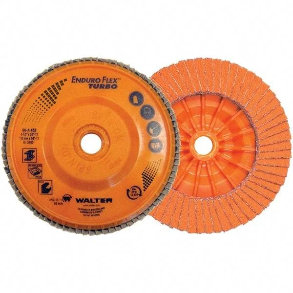 WALTER Surface Technologies - 36 & 60 Grit, 4-1/2" Disc Diam, 7/8" Center Hole, Type 27 Ceramic Flap Disc - 13,300 Max RPM, Plastic Backing, Arbor Attaching System, Coated