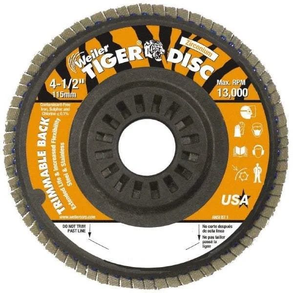 Weiler - 60 Grit, 4-1/2" Disc Diam, 7/8" Center Hole, Type 29 Zirconia Alumina Flap Disc - 13,000 Max RPM, Plastic Backing, Arbor Attaching System, Coated