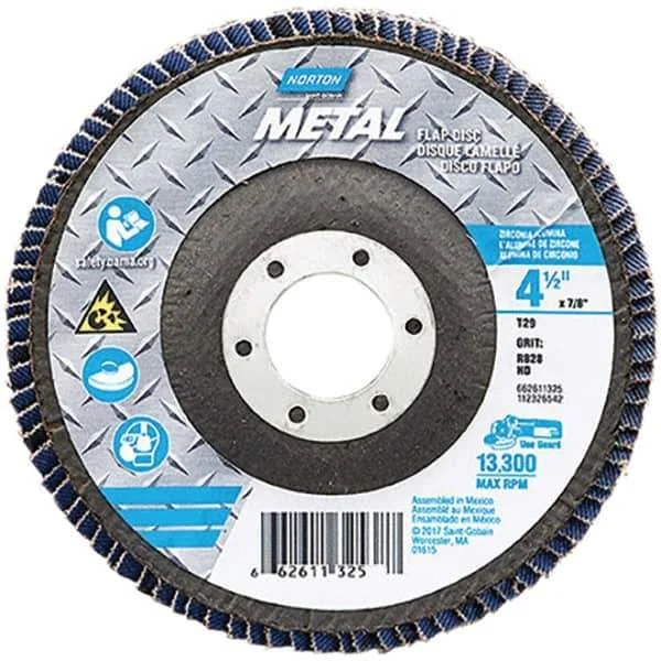 Norton - 80 Grit, 4-1/2" Disc Diam, 7/8" Center Hole, Type 29 Zirconia Alumina Flap Disc - 13,300 Max RPM, Fiberglass Backing, Arbor Attaching System, Coated