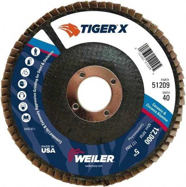 Weiler - 426 Grit, 5" Disc Diam, 7/8" Center Hole, Type 29 Zirconia Alumina Flap Disc - 12,000 Max RPM, Phenolic Backing, Arbor Attaching System, Coated
