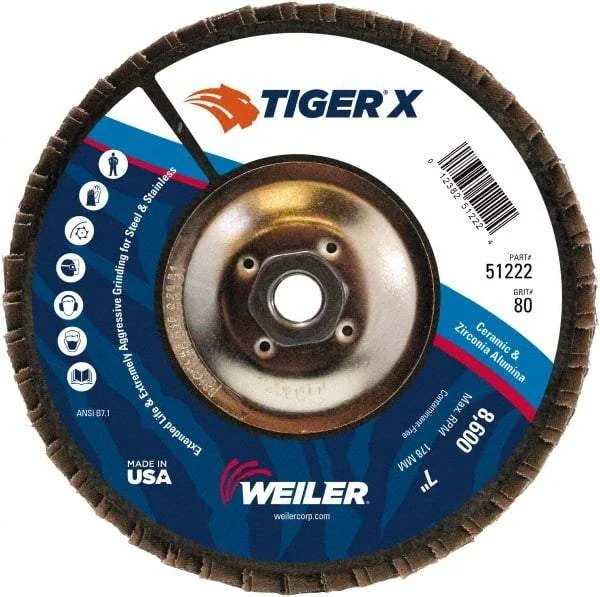 Weiler - 181 Grit, 7" Disc Diam, 5/8-11 Center Hole, Type 29 Zirconia Alumina Flap Disc - 8,600 Max RPM, Phenolic Backing, Arbor Attaching System, Coated