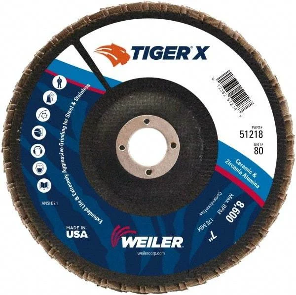 Weiler - 181 Grit, 7" Disc Diam, 7/8" Center Hole, Type 29 Zirconia Alumina Flap Disc - 8,600 Max RPM, Phenolic Backing, Arbor Attaching System, Coated