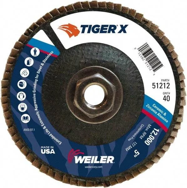 Weiler - 426 Grit, 5" Disc Diam, 5/8-11 Center Hole, Type 29 Zirconia Alumina Flap Disc - 12,000 Max RPM, Phenolic Backing, Arbor Attaching System, Coated