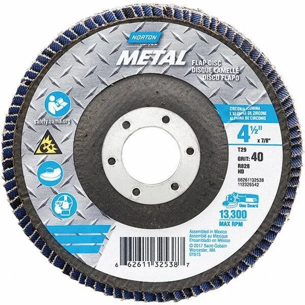 Norton - 40 Grit, 4-1/2" Disc Diam, 7/8" Center Hole, Type 29 Zirconia Alumina Flap Disc - 13,300 Max RPM, Fiberglass Backing, Arbor Attaching System, Coated