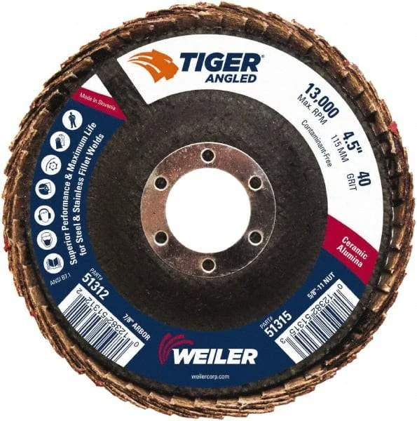 Weiler - 40 Grit, 4-1/2" Disc Diam, 7/8" Center Hole, Type 27 Ceramic Alumina Flap Disc - 13,000 Max RPM, Phenolic Backing, Arbor Attaching System, Coated