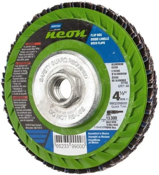 Norton - 40 Grit, 4-1/2" Disc Diam, 5/8-11 Center Hole, Type 27 Ceramic Alumina Flap Disc - 13,300 Max RPM, Polyester Backing, Arbor Attaching System, Coated