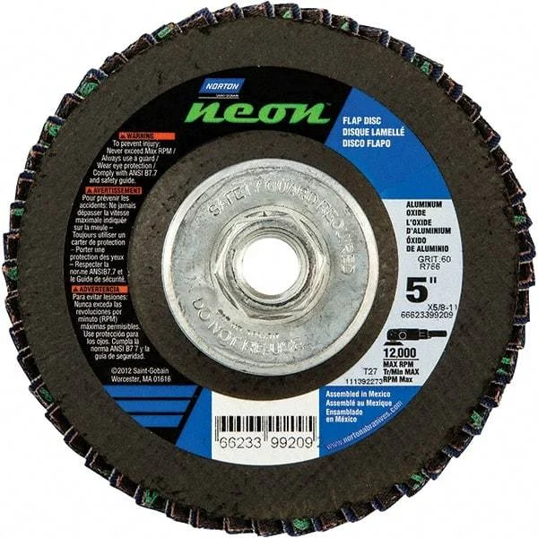 Norton - 60 Grit, 5" Disc Diam, 5/8-11 Center Hole, Type 27 Ceramic Alumina Flap Disc - 12,000 Max RPM, Polyester Backing, Arbor Attaching System, Coated