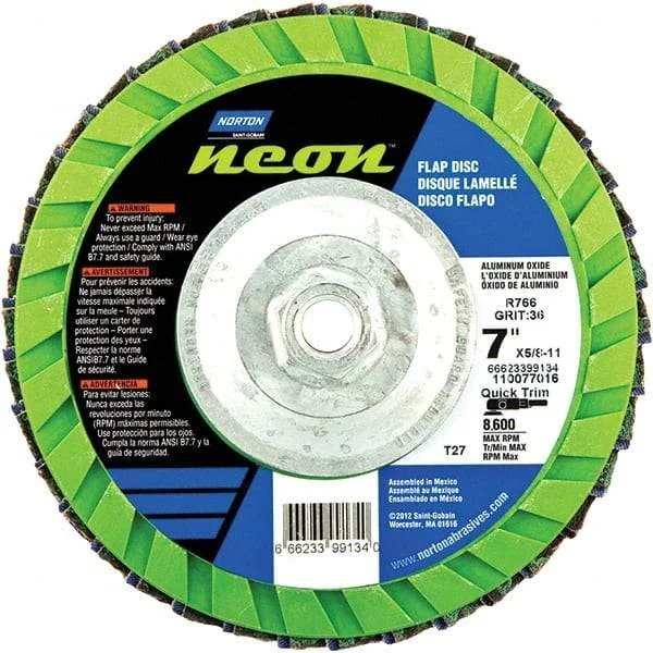 Norton - 60 Grit, 7" Disc Diam, 5/8-11 Center Hole, Type 27 Ceramic Alumina Flap Disc - 8,600 Max RPM, Polyester Backing, Arbor Attaching System, Coated