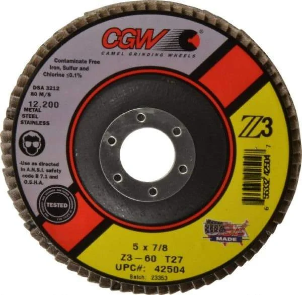 Camel Grinding Wheels - 60 Grit, 5" Disc Diam, 7/8" Center Hole, Type 27 Zirconia Alumina Flap Disc - 12,200 Max RPM, Poly Cotton Backing, Arbor Attaching System, Coated