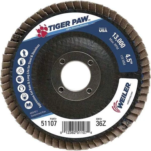 Weiler - 36 Grit, 4-1/2" Disc Diam, 7/8" Center Hole, Type 27 Zirconia Alumina Flap Disc - 13,000 Max RPM, Phenolic Backing, Arbor Attaching System, Coated