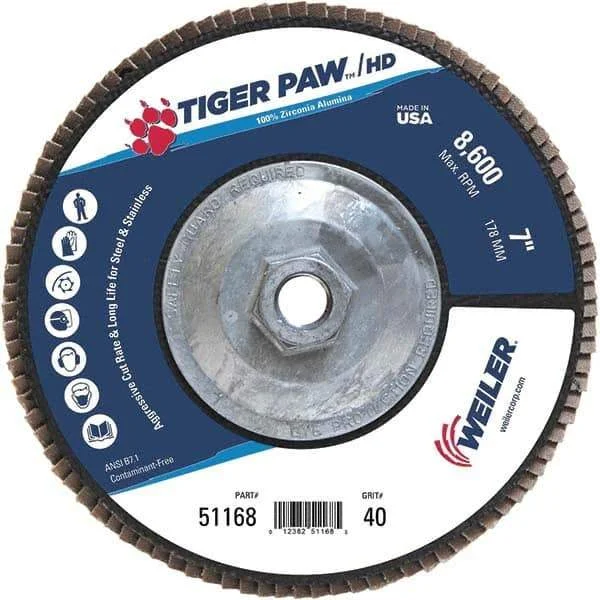 Weiler - 40 Grit, 7" Disc Diam, 5/8-11 Center Hole, Type 27 Zirconia Alumina Flap Disc - 8,600 Max RPM, Phenolic Backing, Arbor Attaching System, Coated