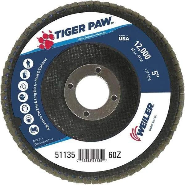 Weiler - 60 Grit, 5" Disc Diam, 7/8" Center Hole, Type 29 Zirconia Alumina Flap Disc - 12,000 Max RPM, Phenolic Backing, Arbor Attaching System, Coated