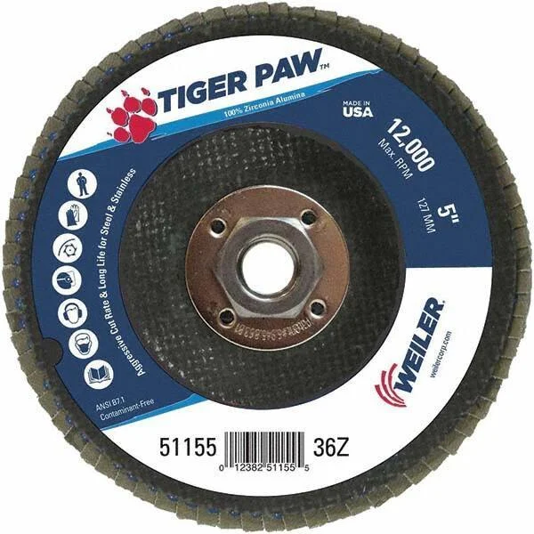 Weiler - 36 Grit, 5" Disc Diam, 5/8-11 Center Hole, Type 29 Zirconia Alumina Flap Disc - 12,000 Max RPM, Phenolic Backing, Arbor Attaching System, Coated
