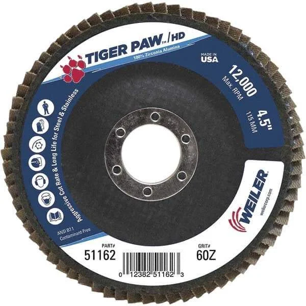 Weiler - 60 Grit, 4-1/2" Disc Diam, 7/8" Center Hole, Type 27 Zirconia Alumina Flap Disc - 12,000 Max RPM, Phenolic Backing, Arbor Attaching System, Coated