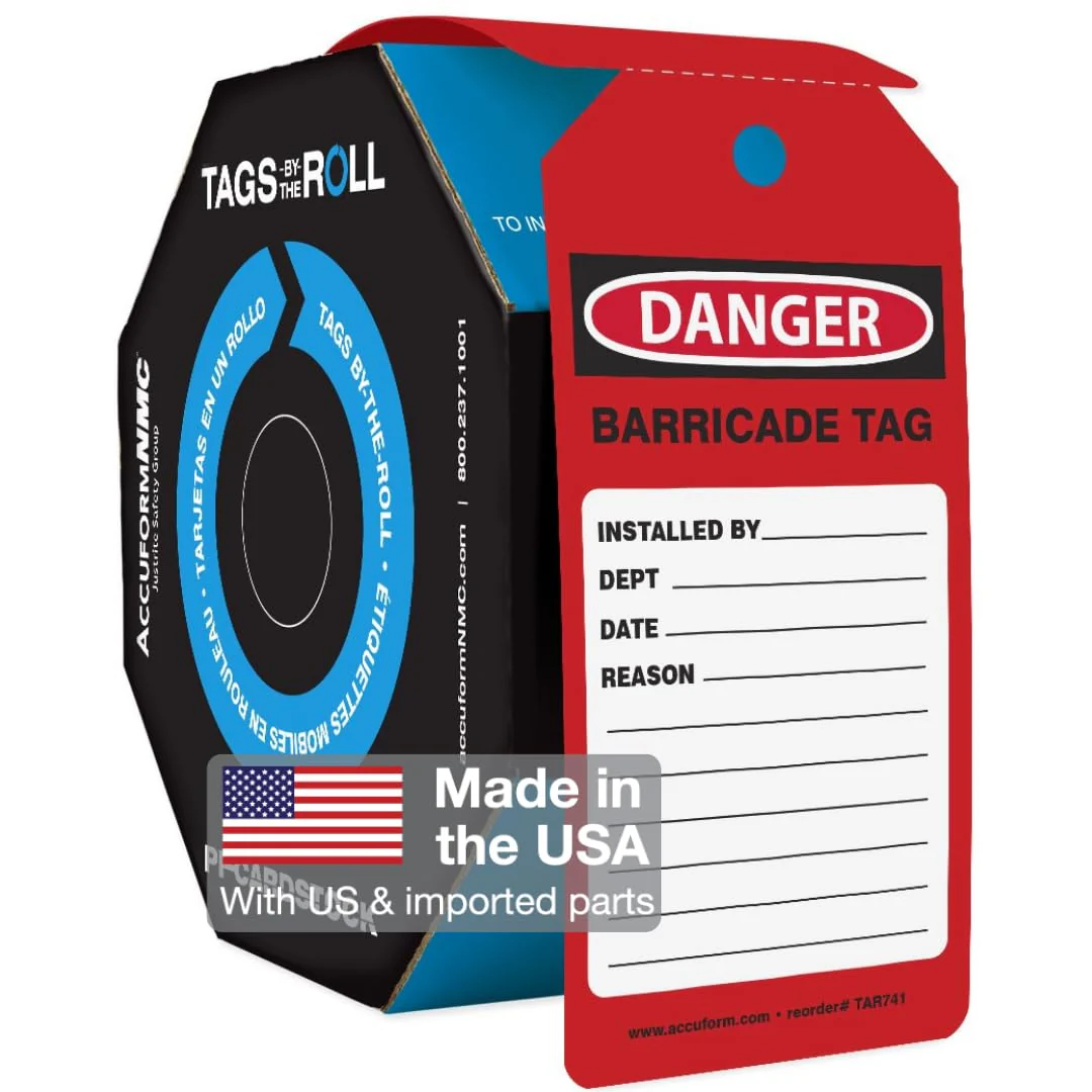 Accuform TAR741 Red Barricade Tag, Safety Tag, Hazard Warning, Danger Sign, 100 Tags by-The-Roll, OSHA Compliant, Tear & Water Resistant PF-Cardstock, 6.25" x 3"