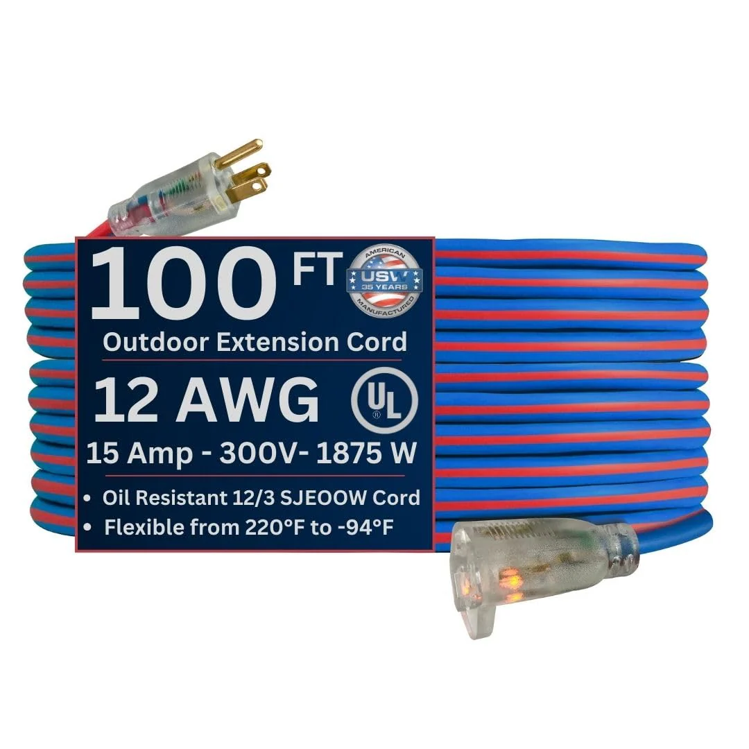 US Wire 99100 12/3 100-Foot SJEOW TPE Extreme Weather Extension Cord Blue with Lighted Plug