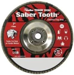 Weiler - 80 Grit, 7" Disc Diam, 5/8-11 Center Hole, Type 29 Ceramic Flap Disc - 8,600 Max RPM, Phenolic Backing, Arbor Attaching System, Coated