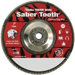 Weiler - 40 Grit, 7" Disc Diam, 5/8-11 Center Hole, Type 29 Ceramic Flap Disc - 8,600 Max RPM, Phenolic Backing, Arbor Attaching System, Coated