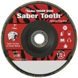 Weiler - 60 Grit, 7" Disc Diam, 7/8" Center Hole, Type 29 Ceramic Flap Disc - 8,600 Max RPM, Phenolic Backing, Quick Change Type S Attaching System, Coated