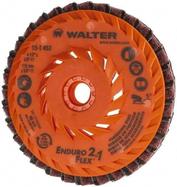 WALTER Surface Technologies - 150 Grit, 4-1/2" Disc Diam, 5/8-11 Center Hole, Type 27 Aluminum Oxide Flap Disc - 13,300 Max RPM, Plastic Backing, Arbor Attaching System, Coated & Non-Woven Combo