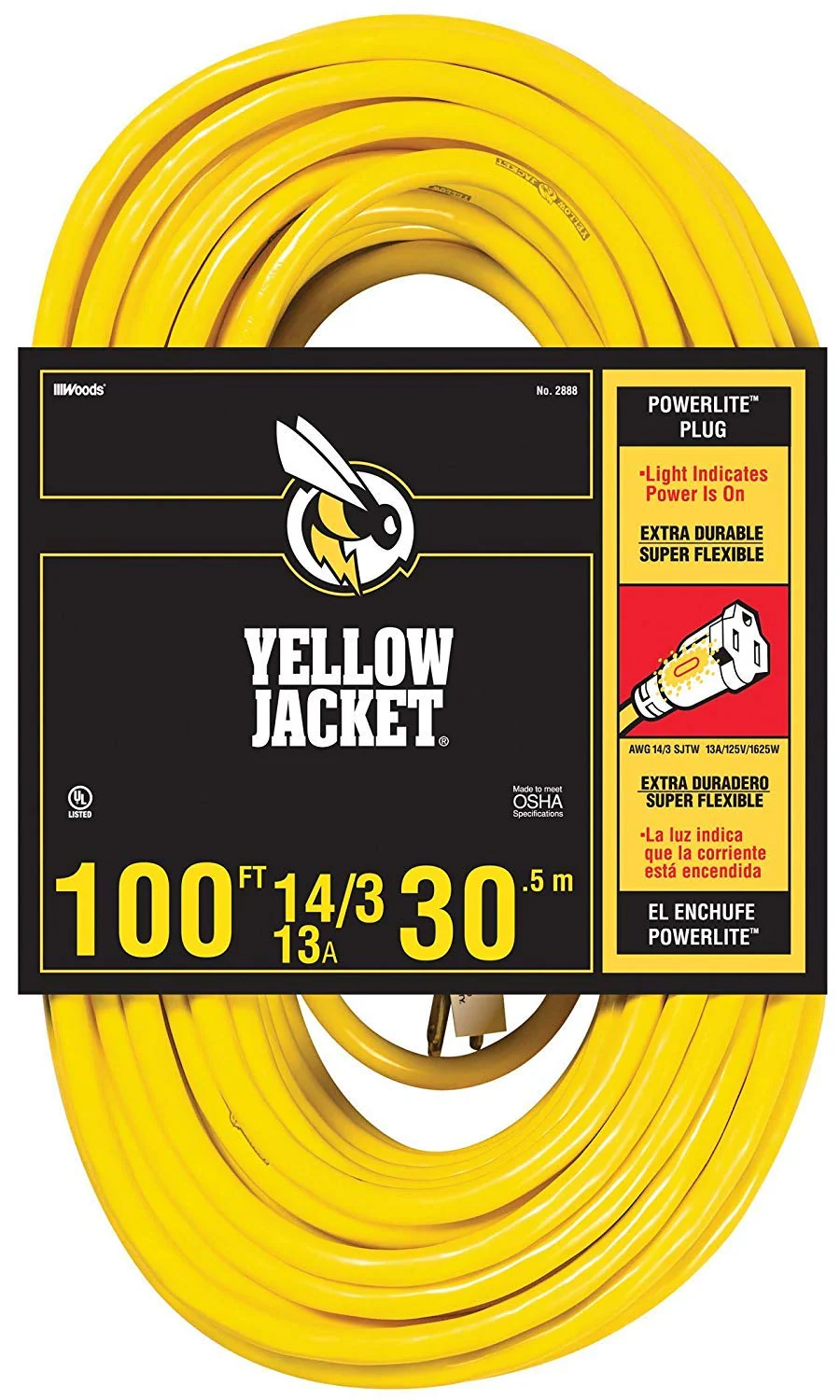 Yellow Jacket 2888 UL Listed 14/3 13 Amp Premium SJTW 100' (30.5M) Extension Cord with Grounded (3 prong) Lighted Receptacle End, 100 Foot, Yellow