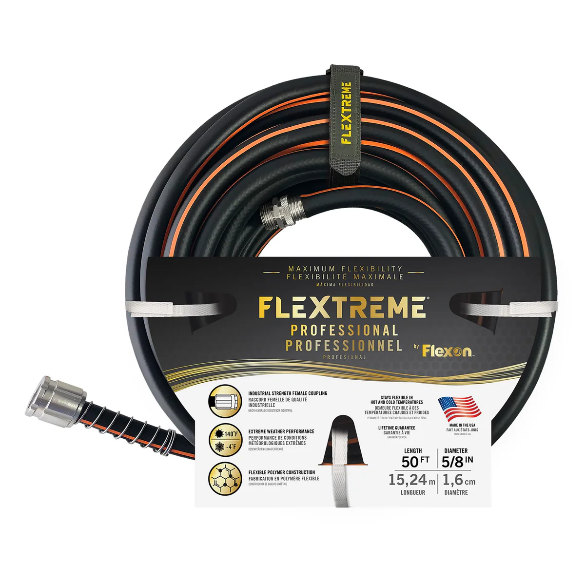 Flexon Flextreme Pro 5/8" x 50ft Performance Rubber Garden Hose – Heavy-Duty, Kink-Resistant, All-Weather Flexibility, Industrial-Grade Couplings, Durable Outdoor Watering Hose for Lawn & Garden 50 ft.